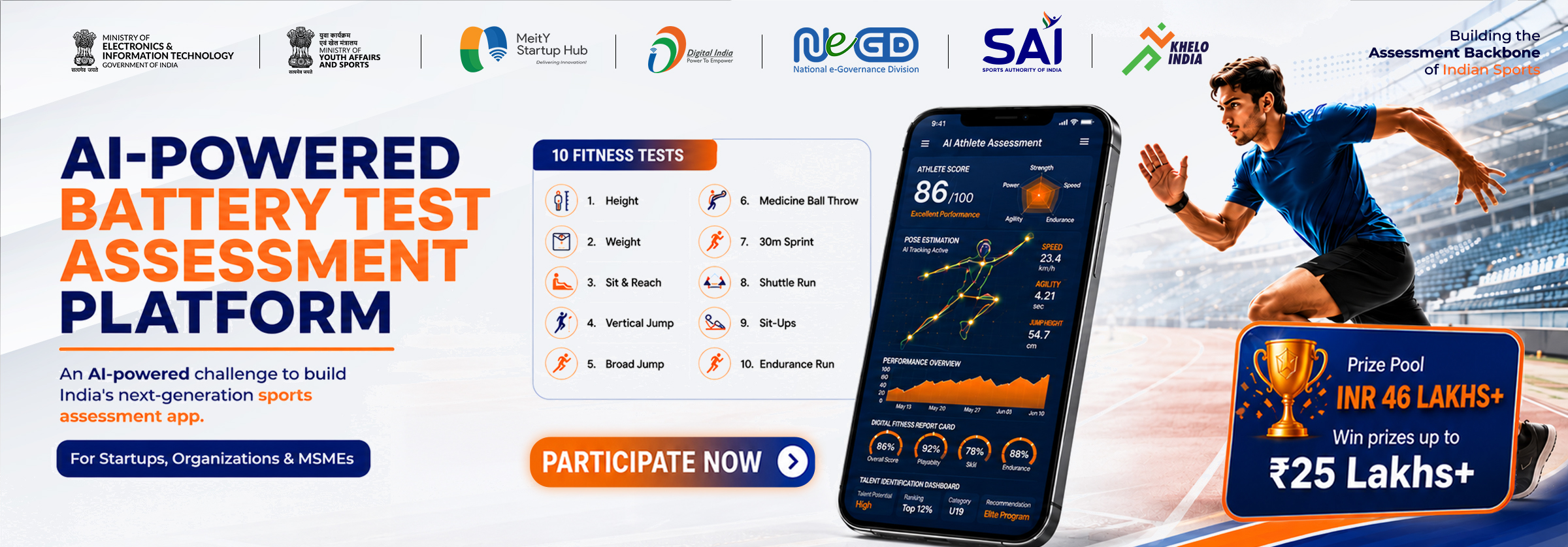 AI-Powered Battery Test Assessment Platform — an AI-powered challenge to build India's next-generation sports assessment app, showing the 10 fitness tests and a mobile athlete assessment dashboard